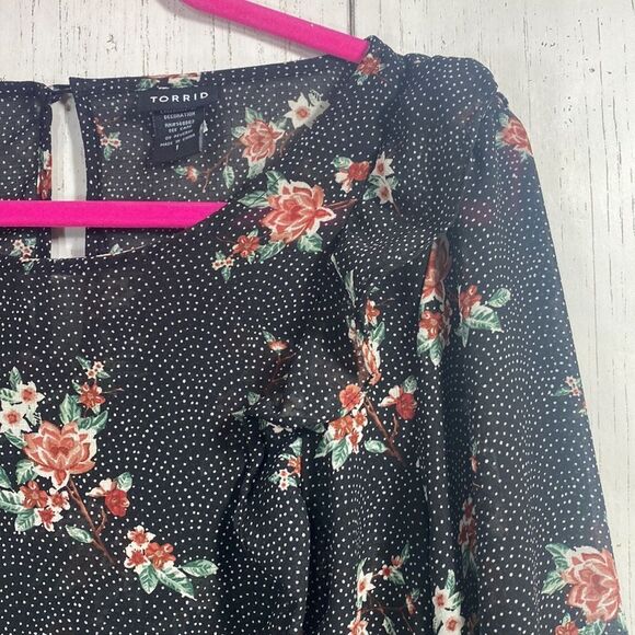 Torrid Floral Dot Print Chiffon Ruffled Smocked Bell Sleeve Top Blouse - Picture 4 of 14